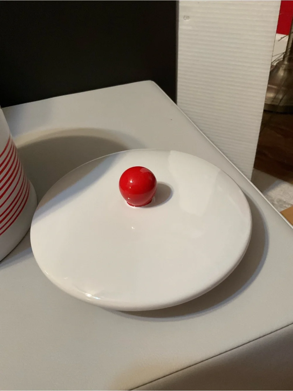 White and Red Ceramic Cookie Canister with Lid - Playful Text